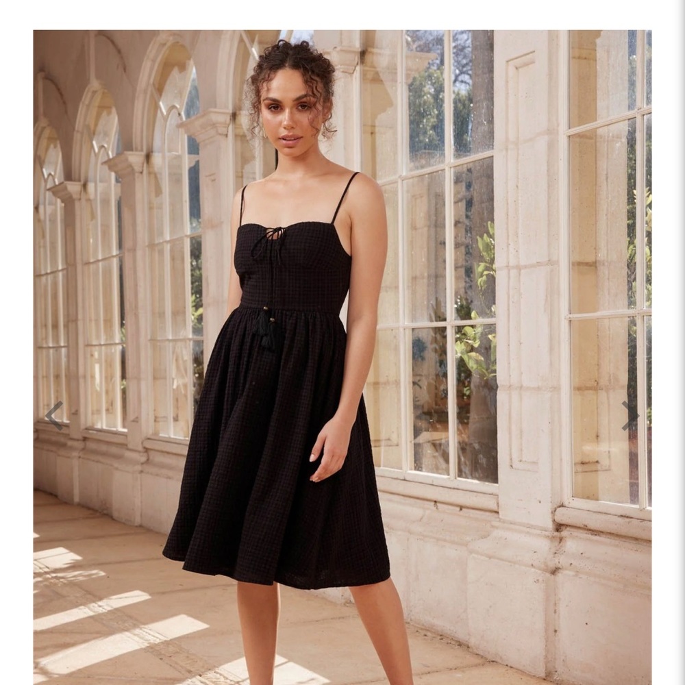 OASIS DRESS -fitted bodice keyhole, tie tassel detail, adjustable straps